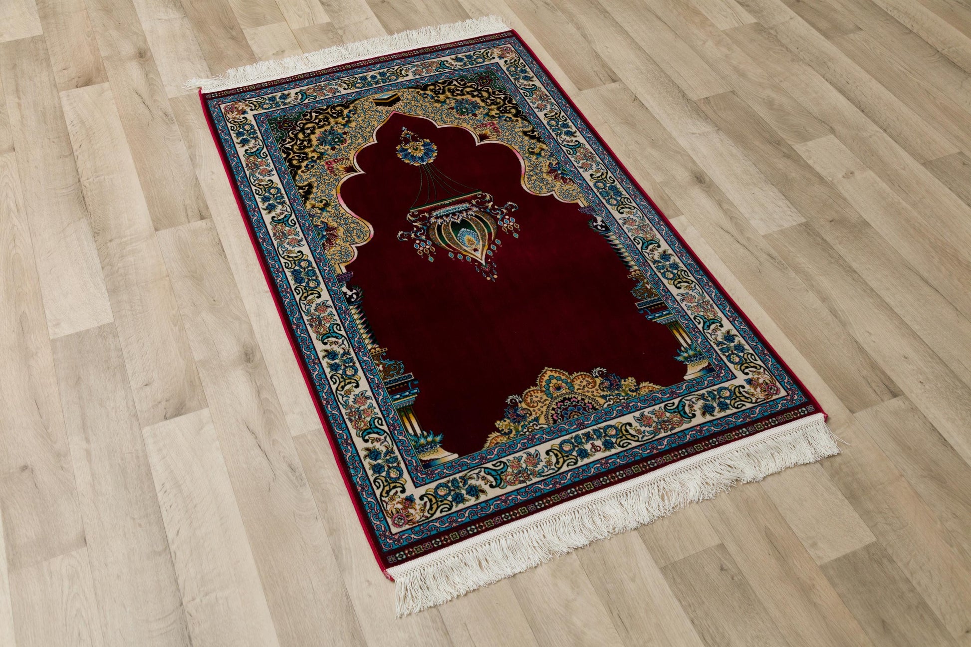 Red Silk-Look Turkish Prayer Rug: Islamic Floral Lantern Design