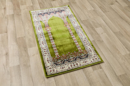Green Turkish Prayer Rug, Soft Islamic Seccade, Floral Arch Design
