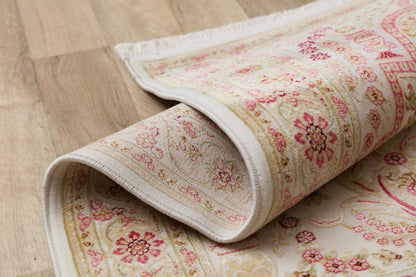 Floral Turkish Prayer Rug: Ivory Pink Seccade with Arch Design