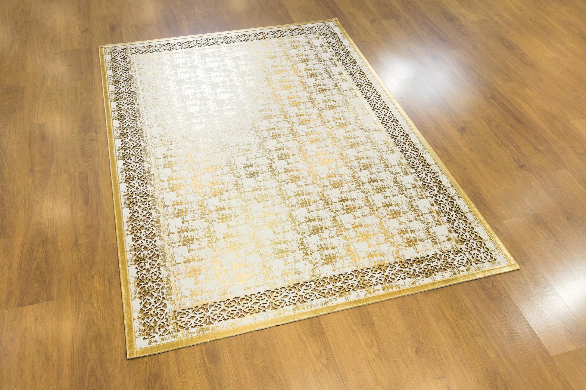 Metallic Rose Gold Geometric Rug: 5x7ft Laser Cut Faux Leather Carpet