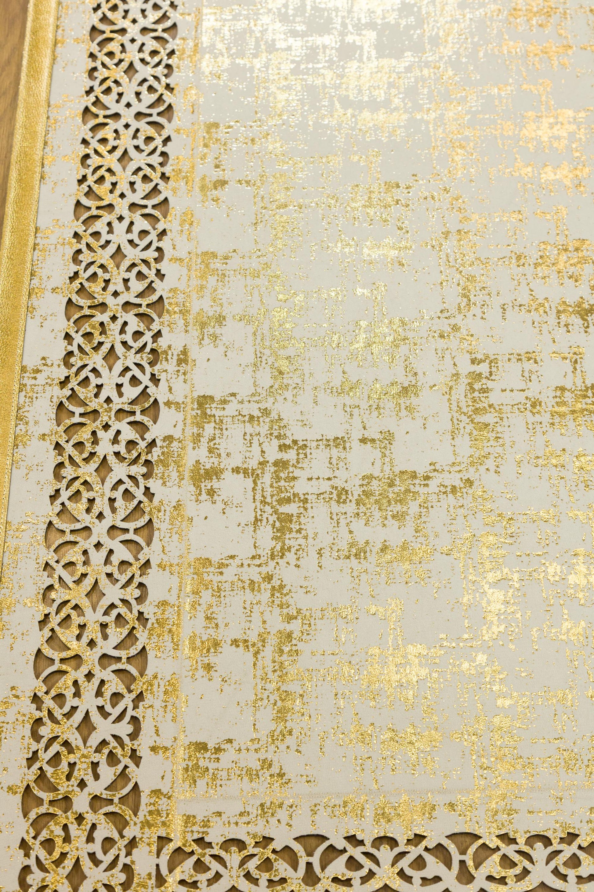 Metallic Rose Gold Geometric Rug: 5x7ft Laser Cut Faux Leather Carpet