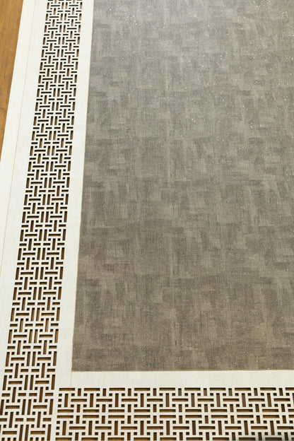 Laser Cut Faux Leather Rug: Modern Geometric Border, Turkish Floor Decor (5x7ft)