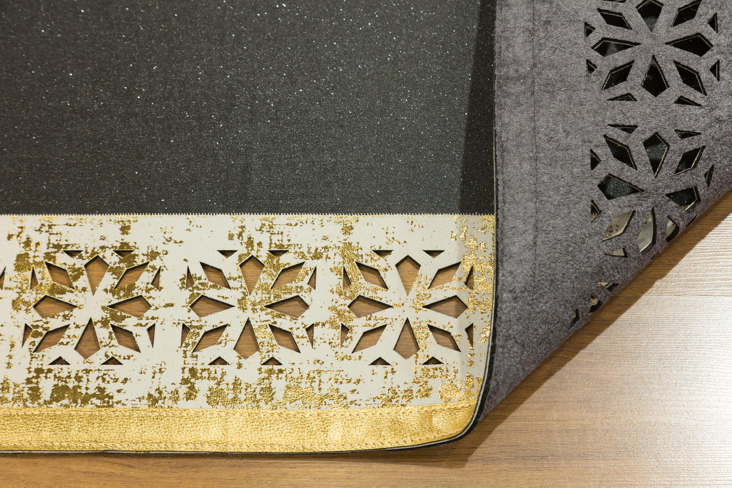 5x7ft Black Faux Leather Rug with Gold Laser-Cut Border - Modern Turkish Designer Area Carpet