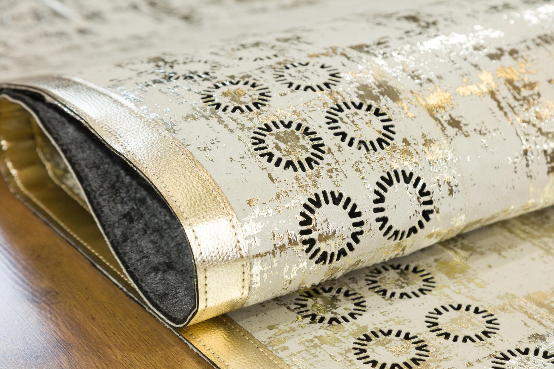 5x7ft Modern White Faux Leather Rug with Gold Laser Cut Border - Vegan Turkish Carpet
