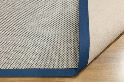 Modern Beige Jute Rug: Blue Fabric Border, Flatweave Outdoor/indoor carpet