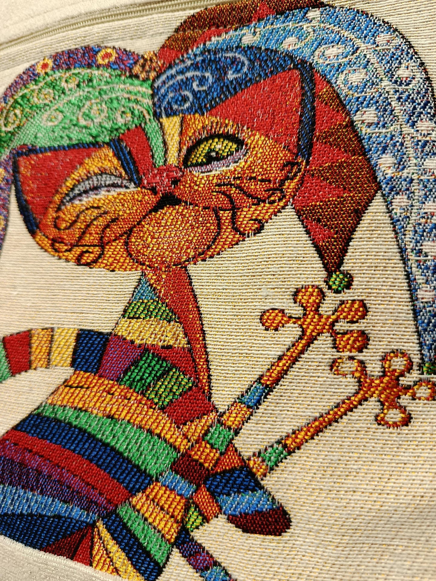 Whimsical Cat Crossbody Bag: Embroidered Jester Art, Canvas Pouch