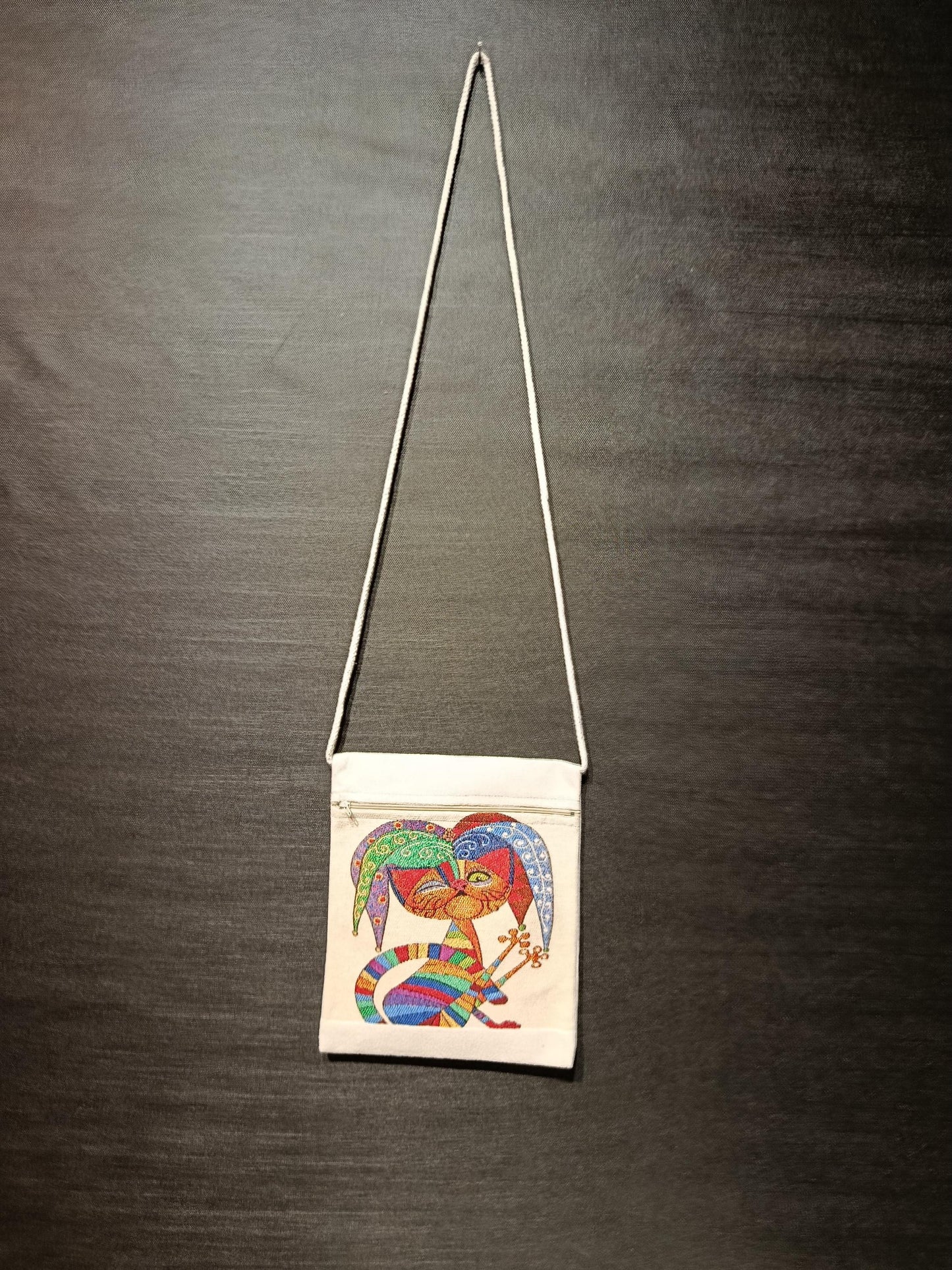 Whimsical Cat Crossbody Bag: Embroidered Jester Art, Canvas Pouch