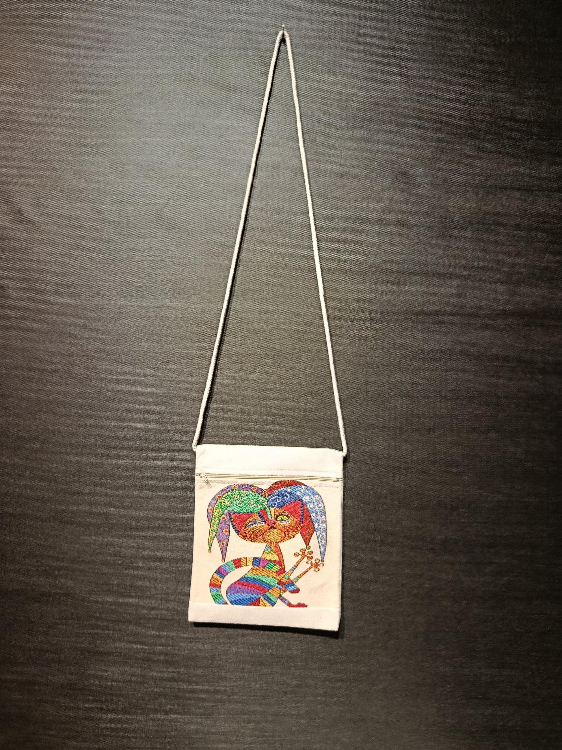 Whimsical Cat Crossbody Bag: Embroidered Jester Art, Canvas Pouch
