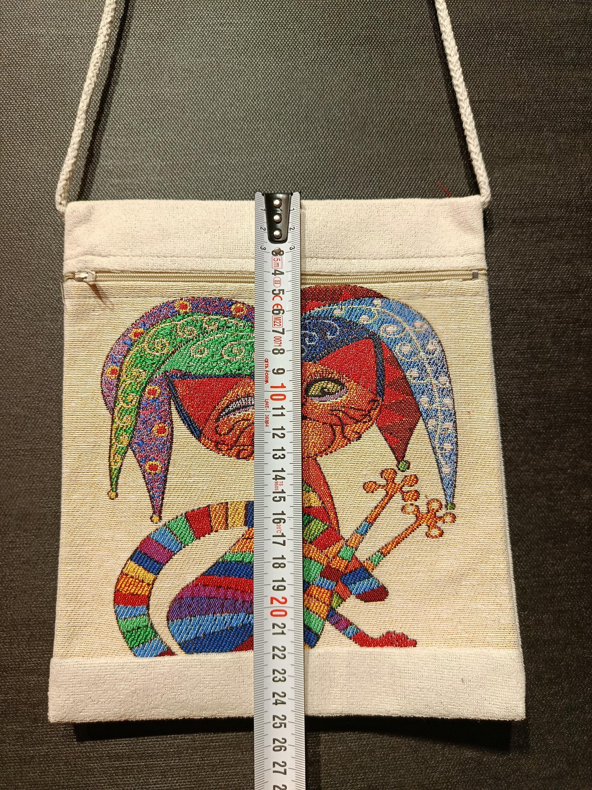Whimsical Cat Crossbody Bag: Embroidered Jester Art, Canvas Pouch