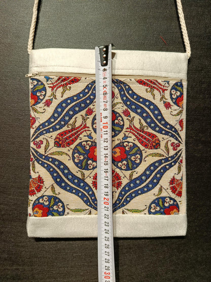 Turkish Tile Pattern Crossbody Bag – Ottoman Motif Canvas Purse, 8"x10" Small Shoulder Bag