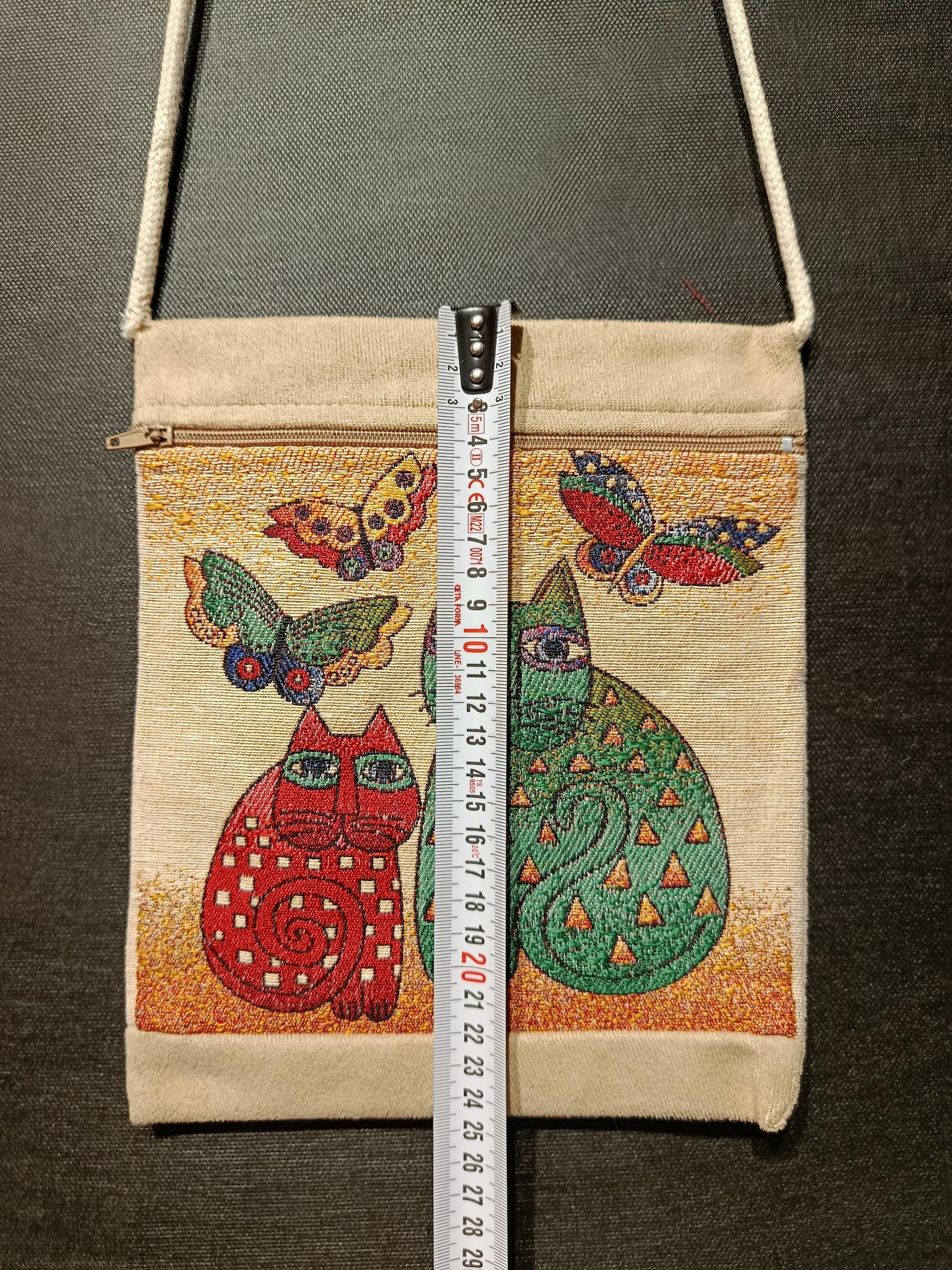 Colorful Cat and Butterfly Crossbody Bag – 8"x10" Handmade Canvas Shoulder Purse from Türkiye