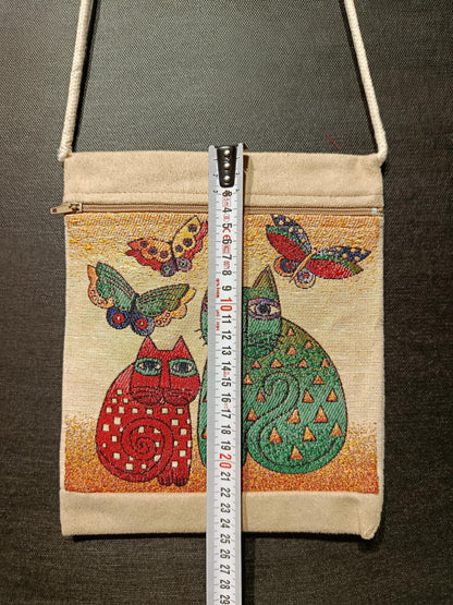 Colorful Cat and Butterfly Crossbody Bag – 8"x10" Handmade Canvas Shoulder Purse from Türkiye