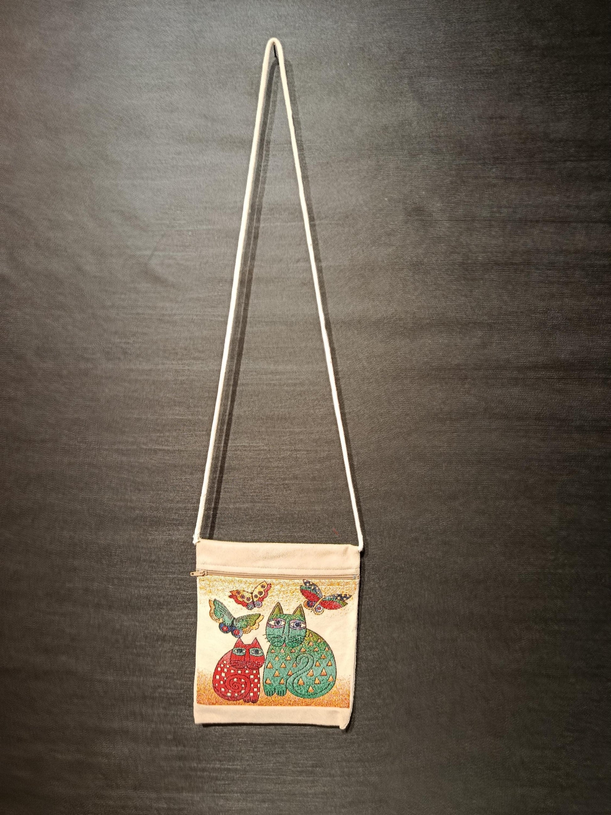 Colorful Cat and Butterfly Crossbody Bag – 8"x10" Handmade Canvas Shoulder Purse from Türkiye