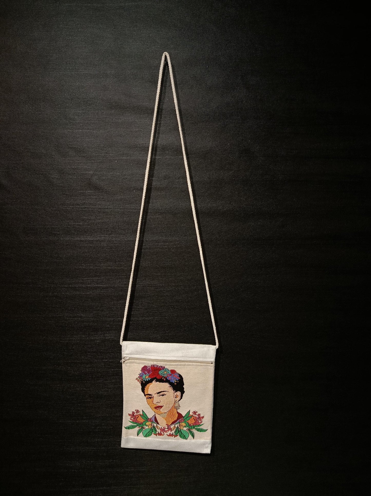 Frida Kahlo Floral Crossbody Bag – Embroidered Canvas Shoulder Bag, 8"x10" Handmade Art Purse