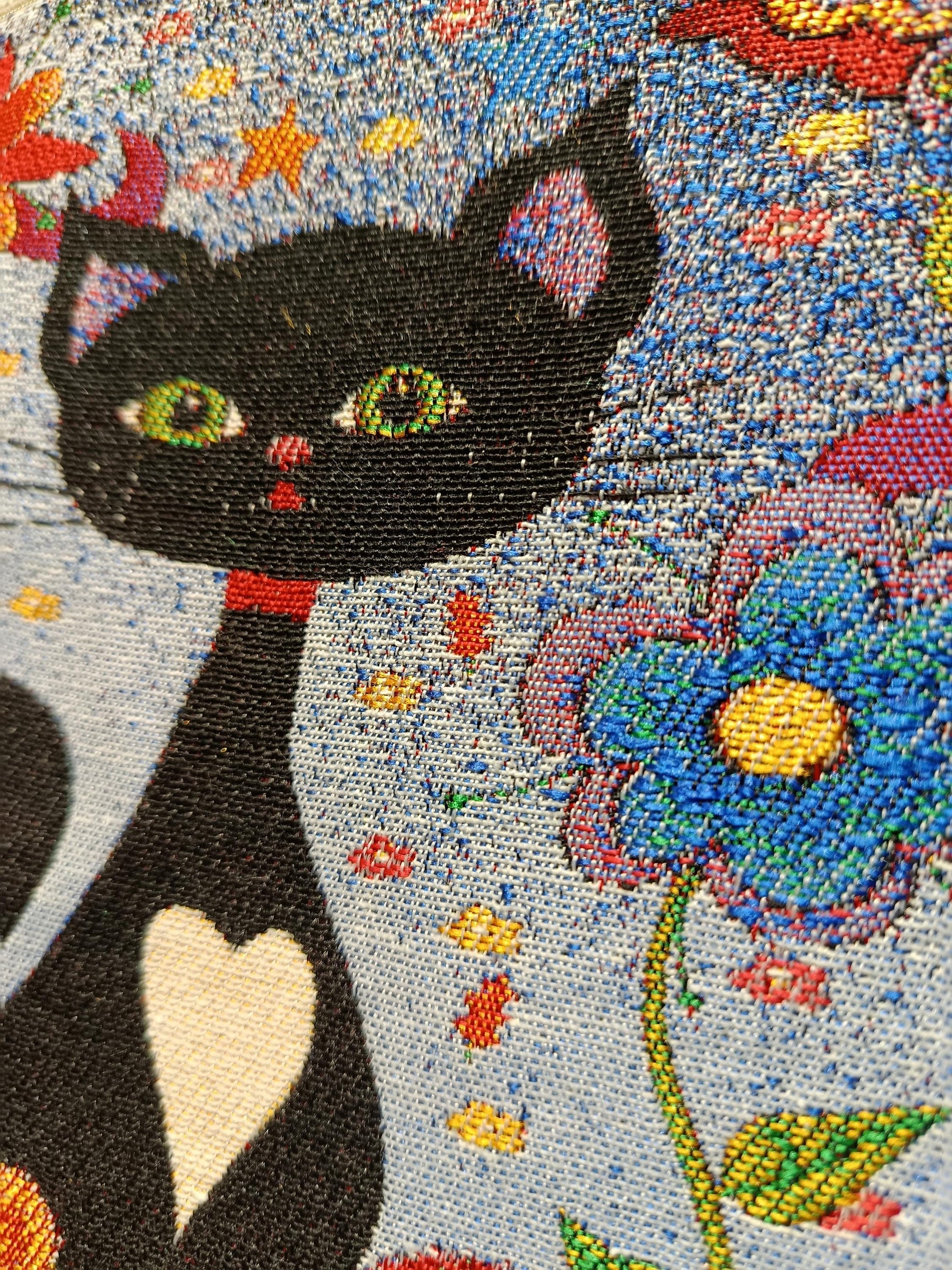 Black Cat Floral Crossbody Bag – Handmade Canvas Shoulder Purse