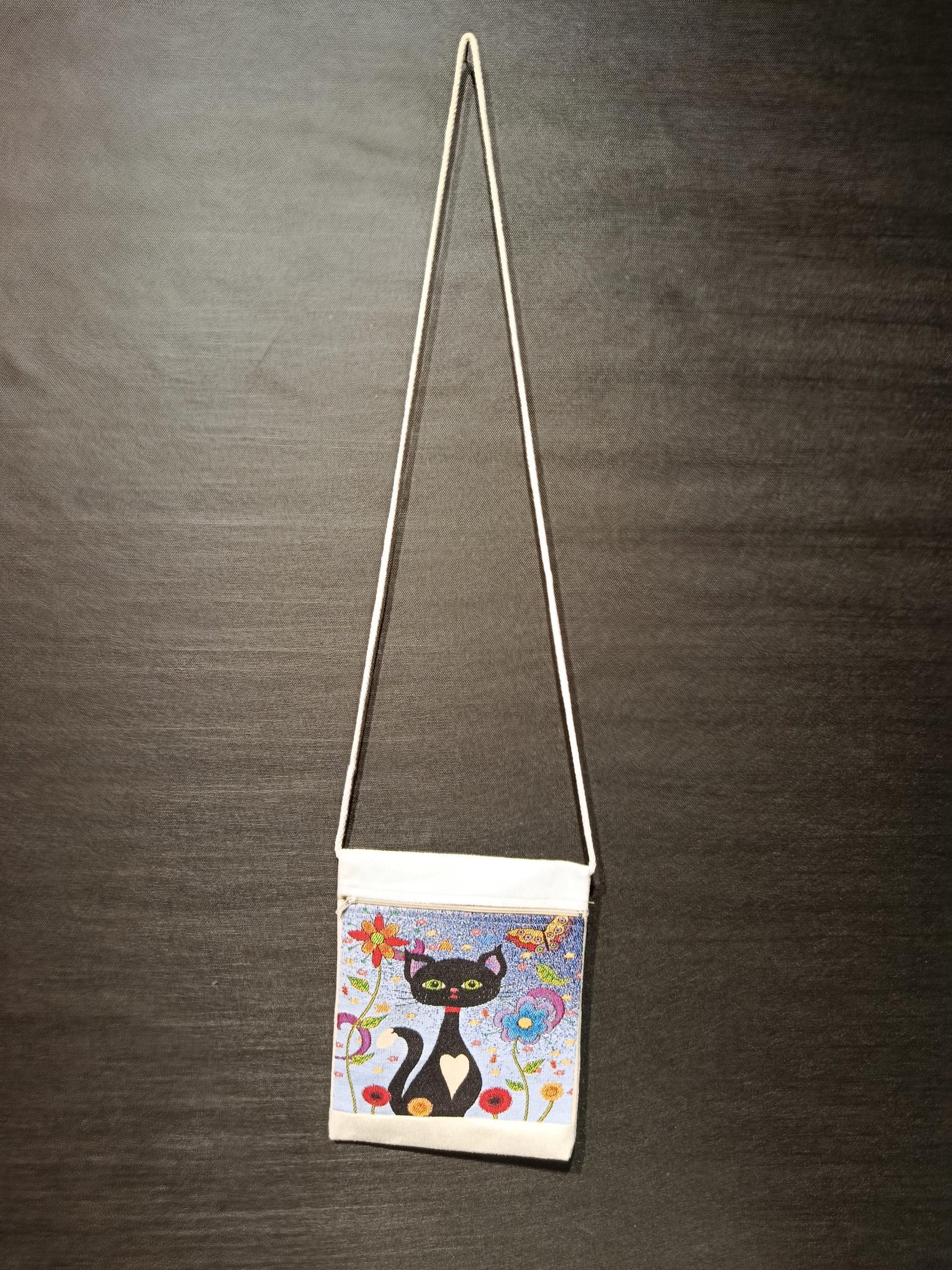 Black Cat Floral Crossbody Bag – Handmade Canvas Shoulder Purse