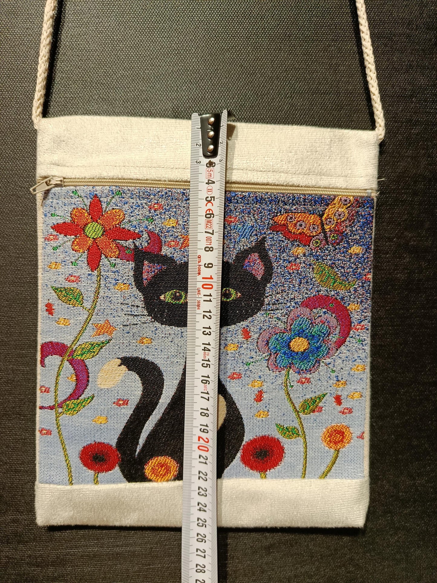 Black Cat Floral Crossbody Bag – Handmade Canvas Shoulder Purse