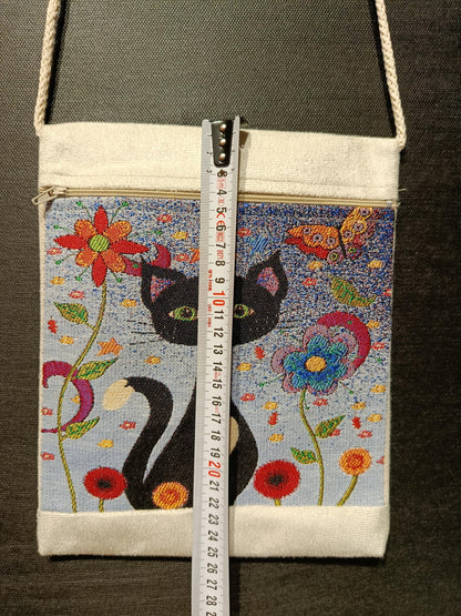 Black Cat Floral Crossbody Bag – Handmade Canvas Shoulder Purse