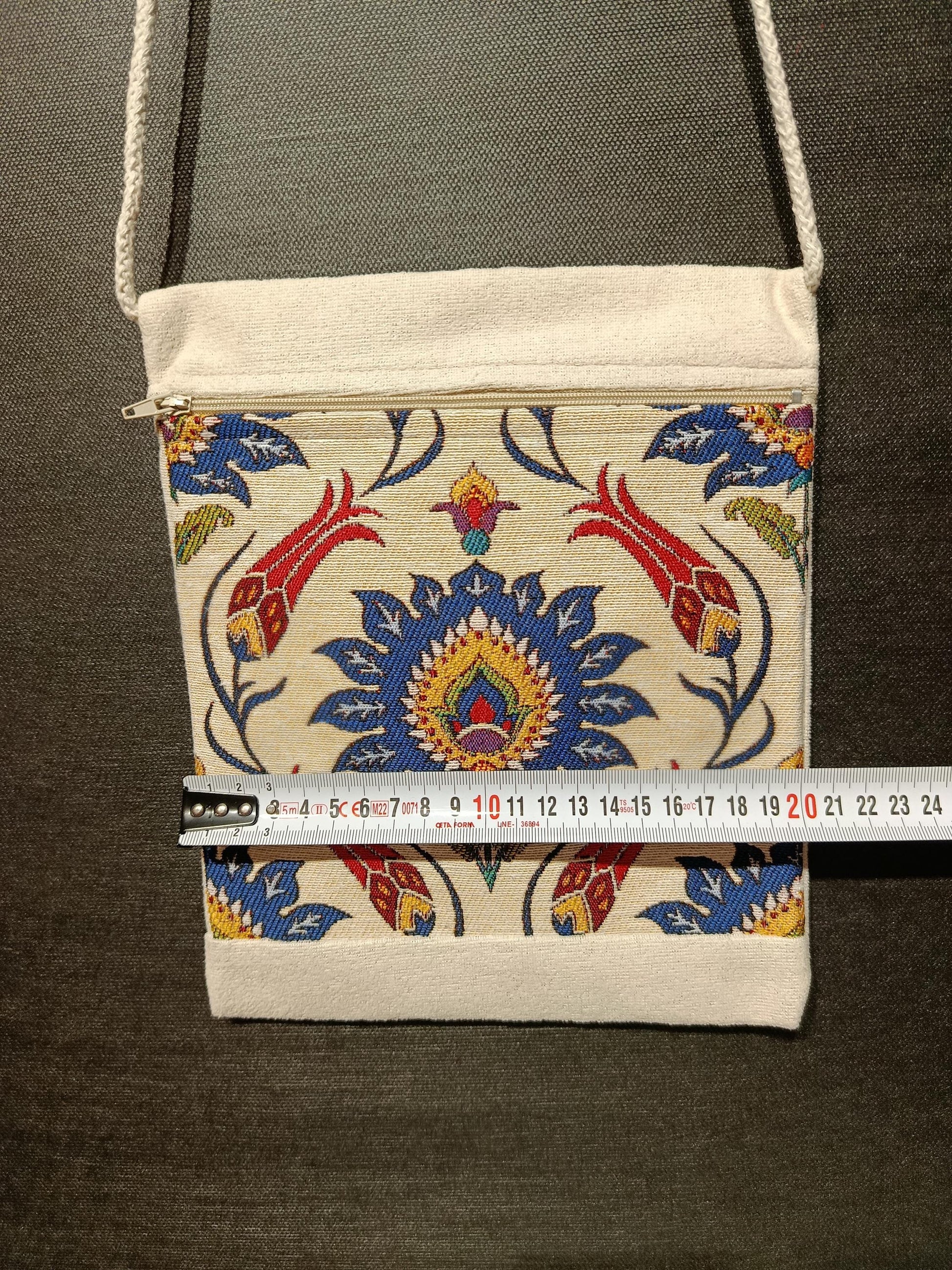 Ottoman Floral Crossbody Bag – Traditional Turkish Pattern Purse, Handmade 8"x10" Canvas Bag
