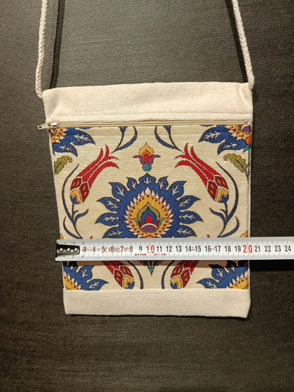Ottoman Floral Crossbody Bag – Traditional Turkish Pattern Purse, Handmade 8"x10" Canvas Bag