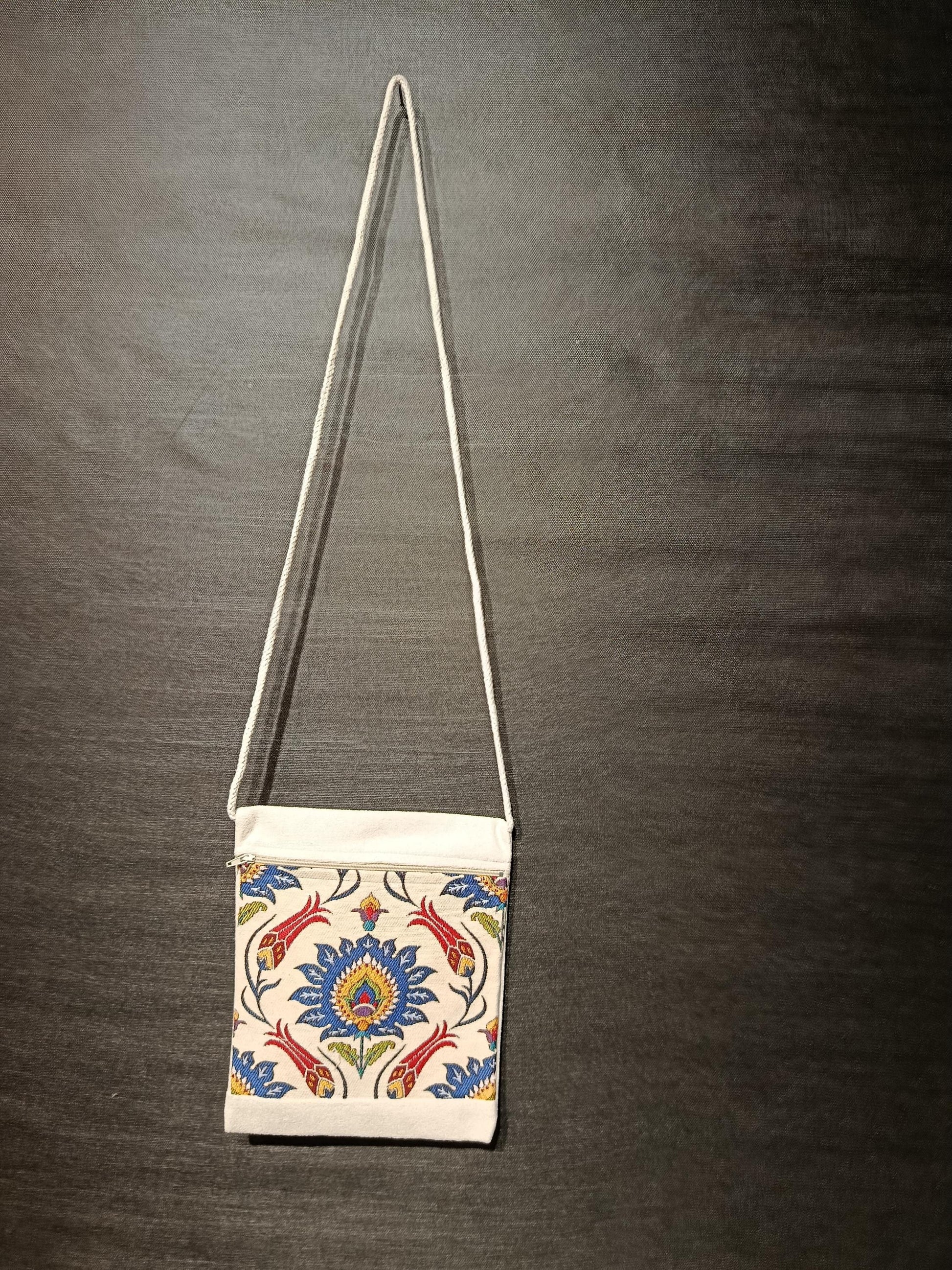 Ottoman Floral Crossbody Bag – Traditional Turkish Pattern Purse, Handmade 8"x10" Canvas Bag