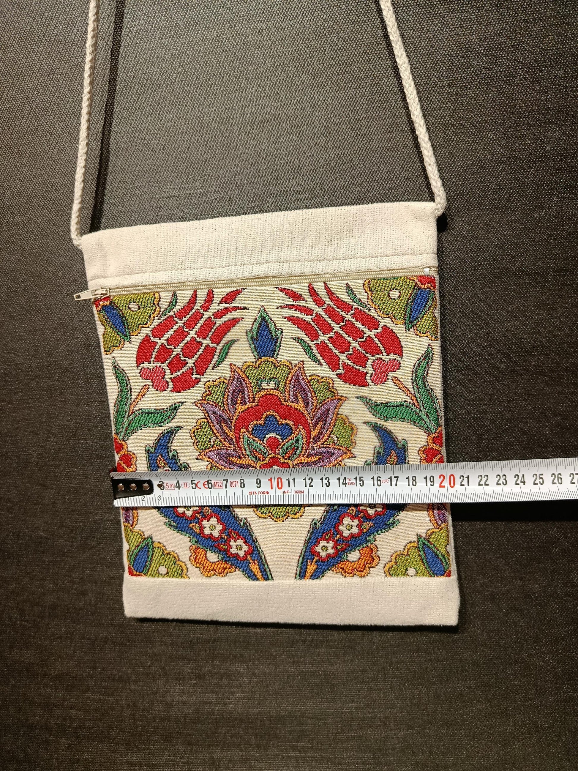 Turkish Floral Tapestry Crossbody Bag – Handmade Woven Canvas Shoulder Bag, 8"x10" Size