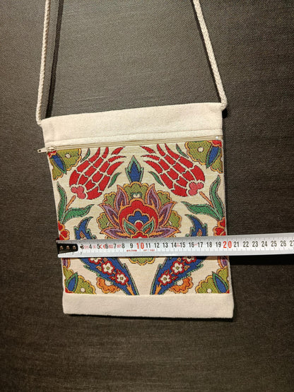 Turkish Floral Tapestry Crossbody Bag – Handmade Woven Canvas Shoulder Bag, 8"x10" Size