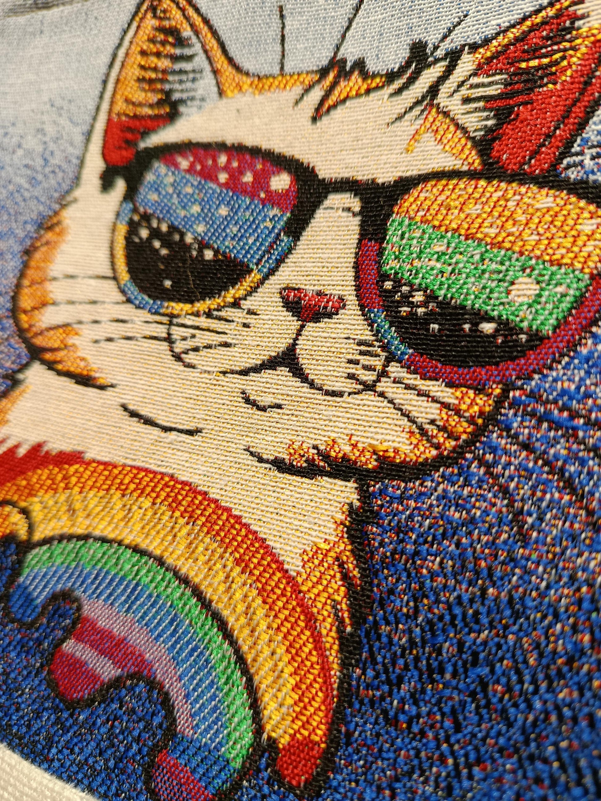 Rainbow Cat Tapestry Crossbody Bag – Sunglasses Kitty Purse, Handmade in Türkiye