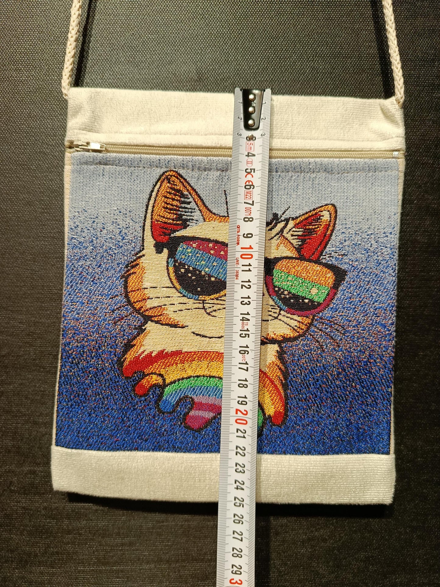 Rainbow Cat Tapestry Crossbody Bag – Sunglasses Kitty Purse, Handmade in Türkiye