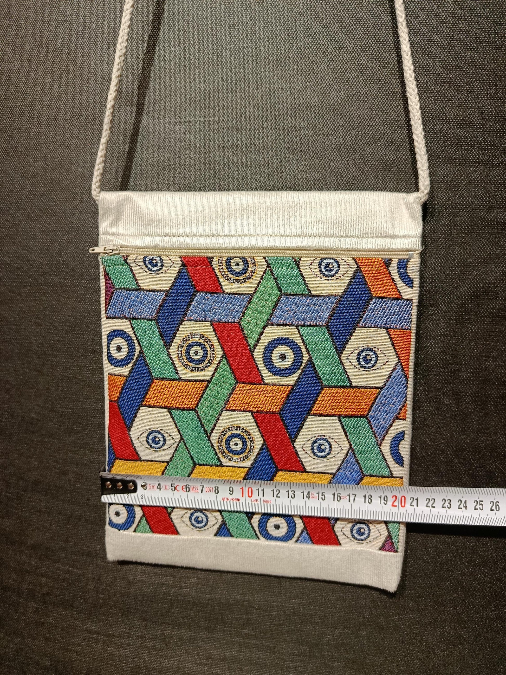 Handmade Turkish Tapestry Crossbody Bag – Geometric Evil Eye Amulet