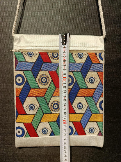 Handmade Turkish Tapestry Crossbody Bag – Geometric Evil Eye Amulet