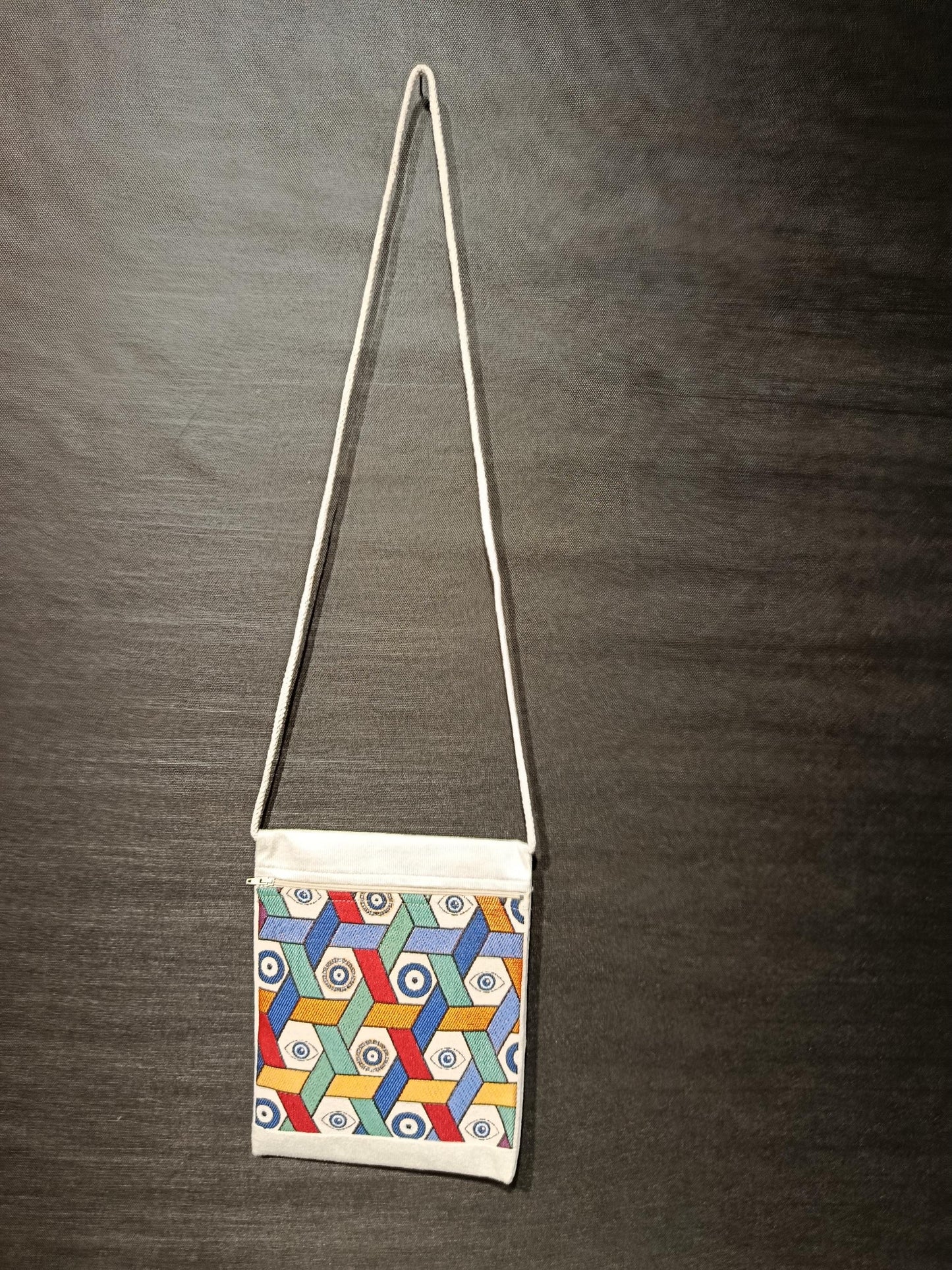 Handmade Turkish Tapestry Crossbody Bag – Geometric Evil Eye Amulet