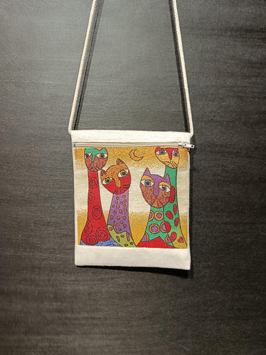 Colorful Cat Tapestry Bag – Abstract Art Crossbody Purse, Handmade 8"x10" Canvas Shoulder Bag
