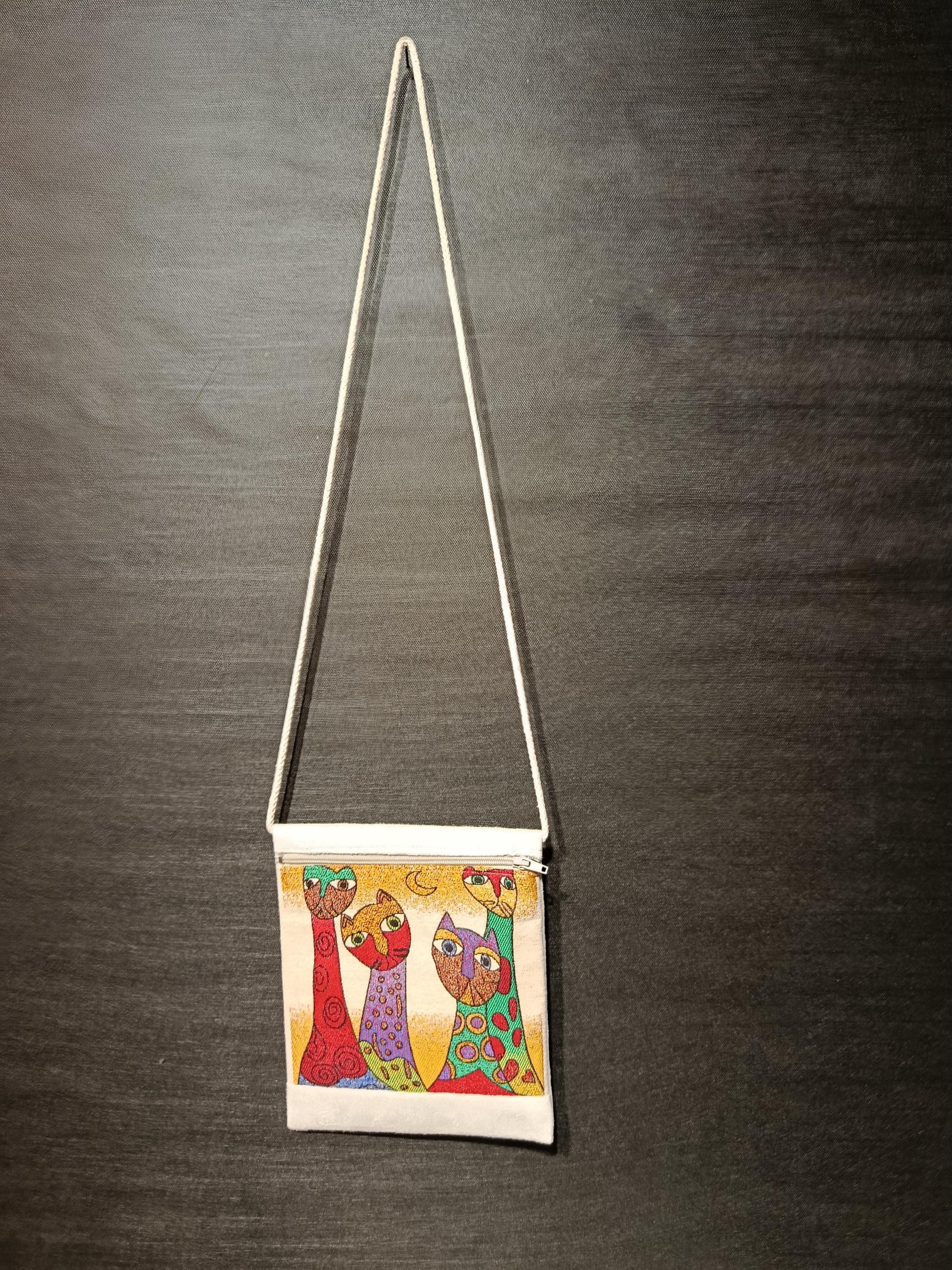 Colorful Cat Tapestry Bag – Abstract Art Crossbody Purse, Handmade 8"x10" Canvas Shoulder Bag