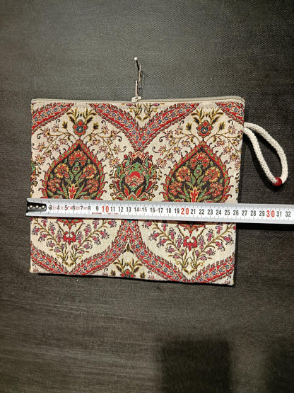 Oriental Tapestry Pouch: Turkish Woven Clutch with Wrist Strap