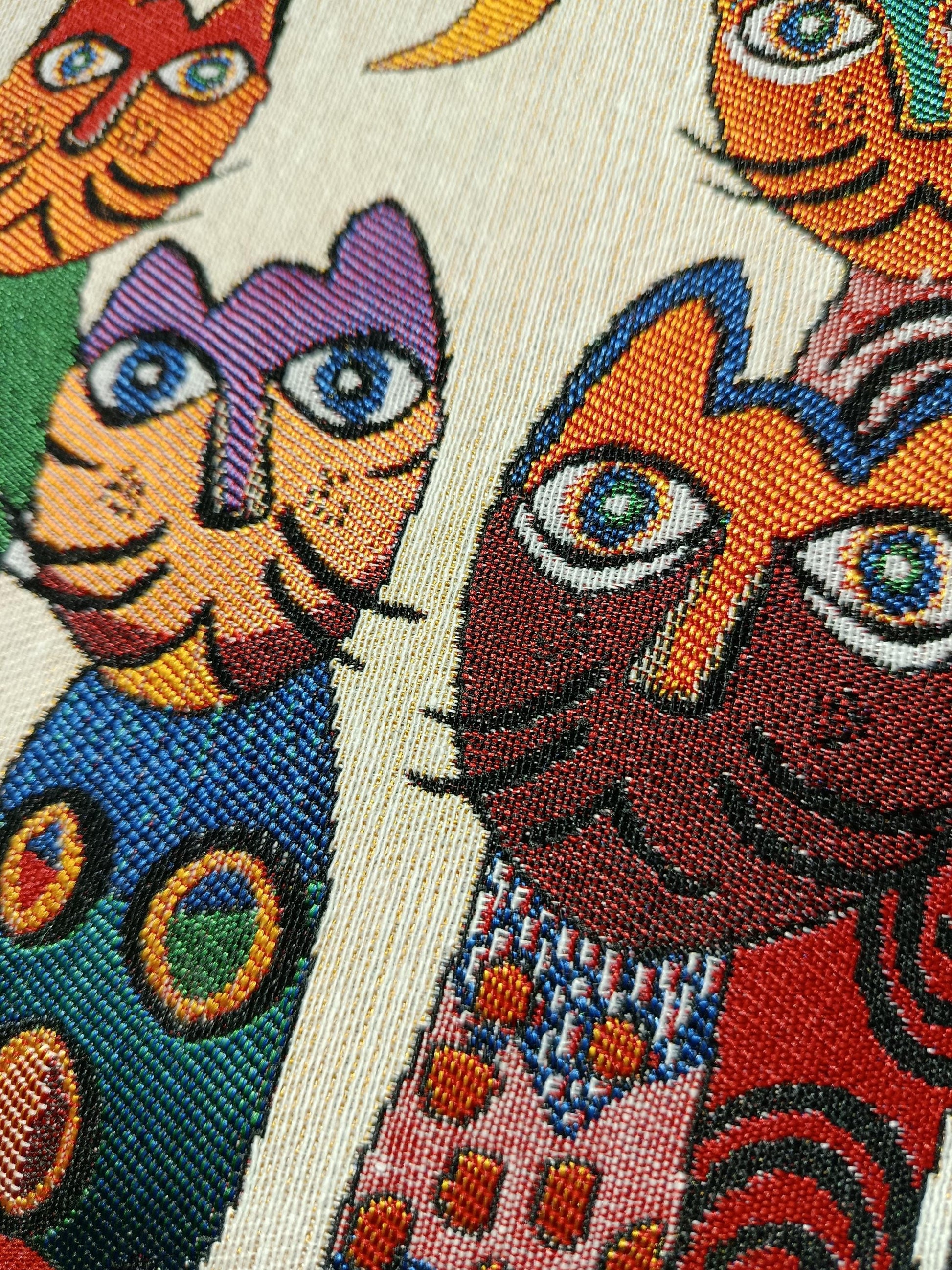 Cat Tapestry Clutch: Handmade Whimsical Feline Purse with Rope Handle