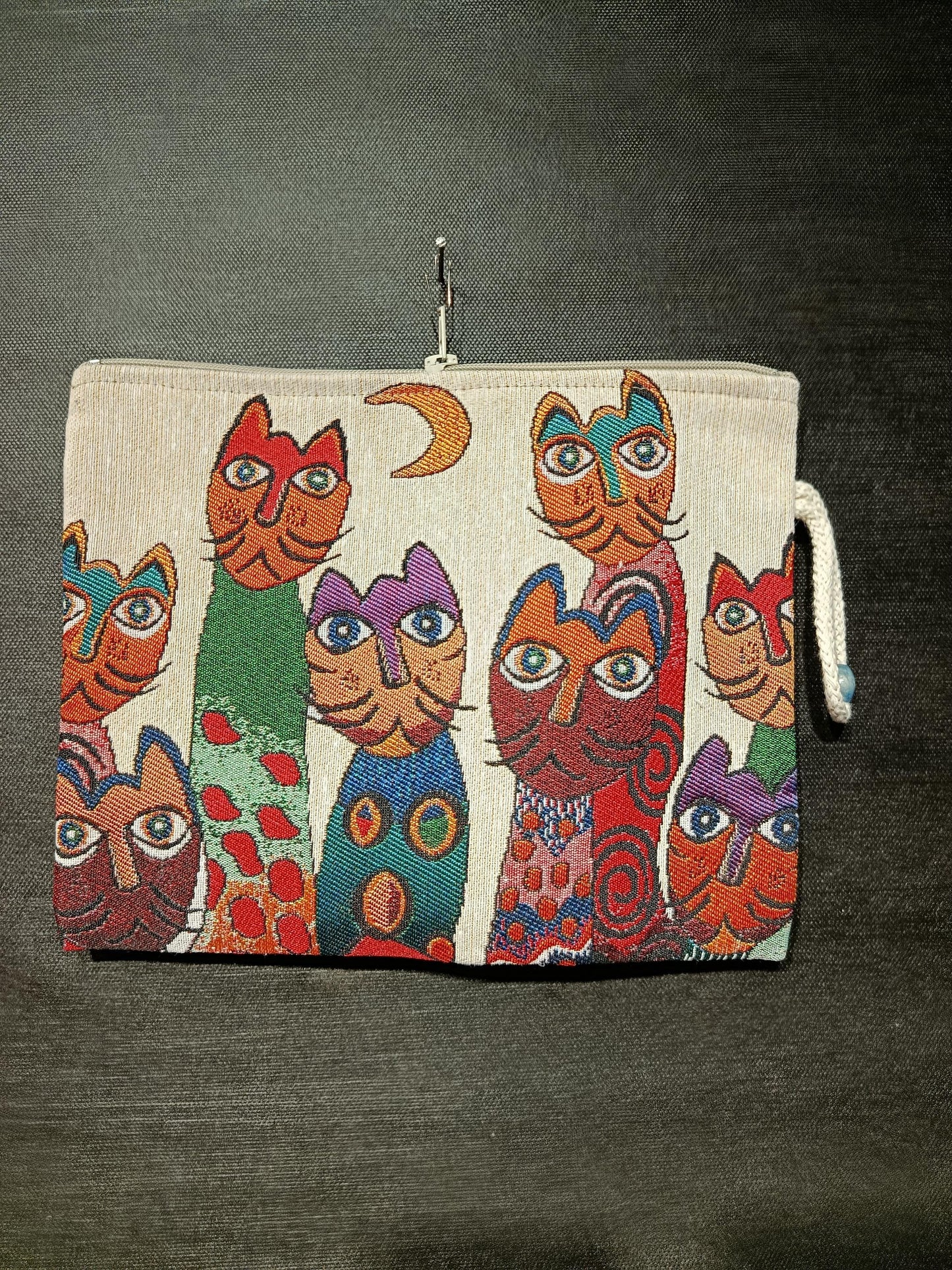 Cat Tapestry Clutch: Handmade Whimsical Feline Purse with Rope Handle