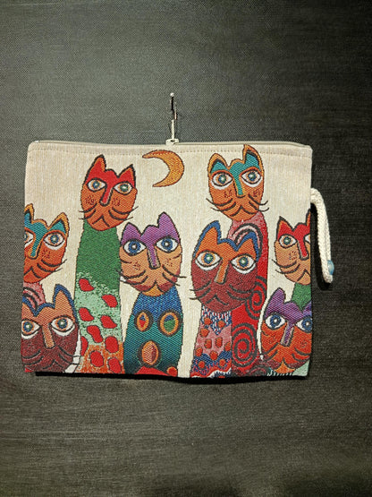 Cat Tapestry Clutch: Handmade Whimsical Feline Purse with Rope Handle