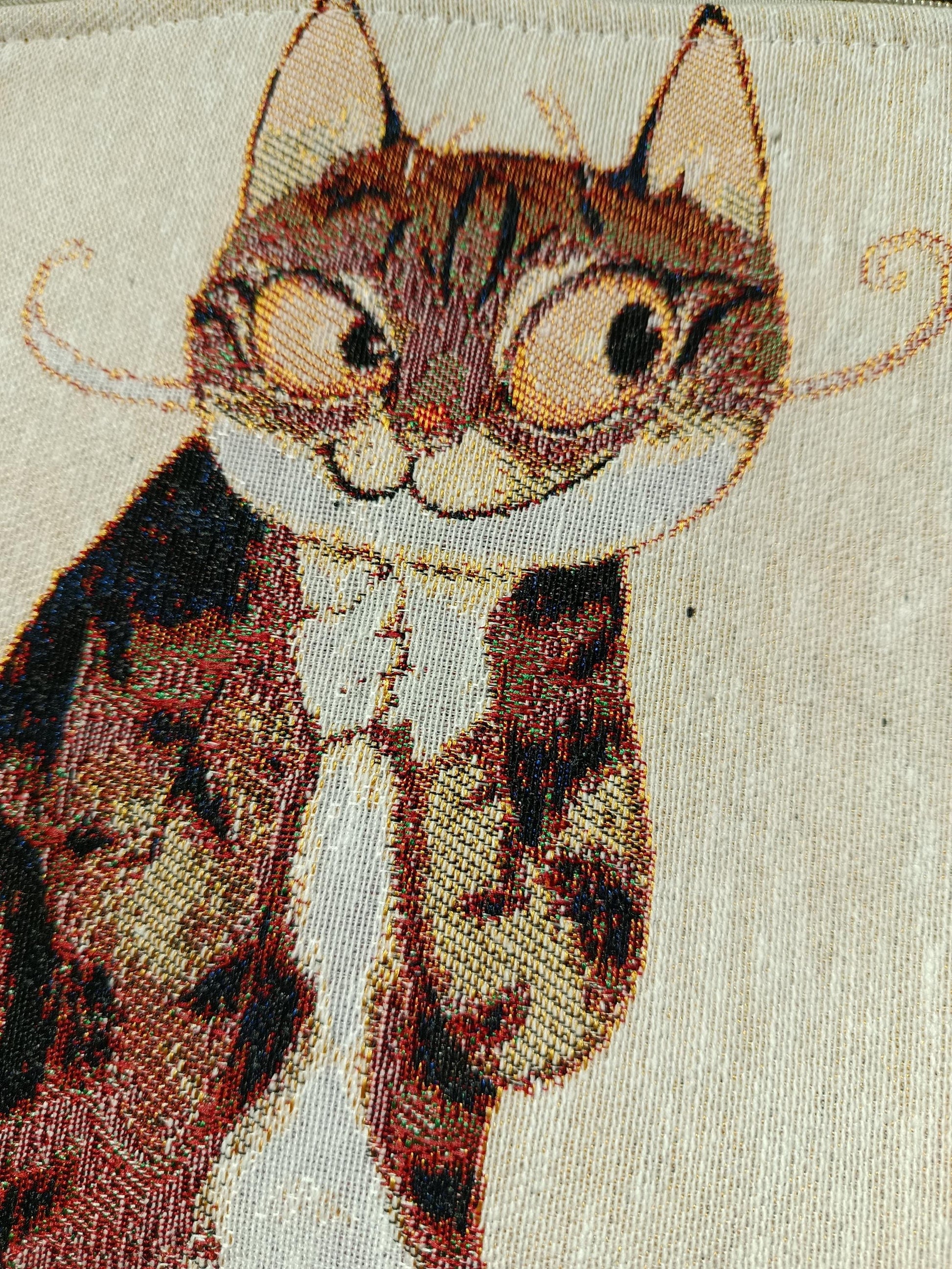 Abstract Cat Tapestry Clutch: Handmade Gobelin Purse with Rope Handle