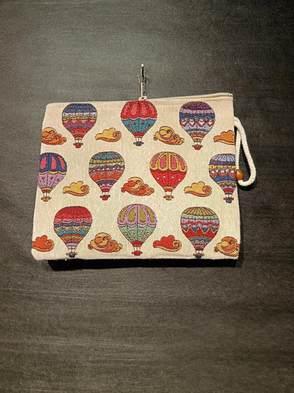 Hot Air Balloon Tapestry Clutch: Handmade Turkish Travel Pouch