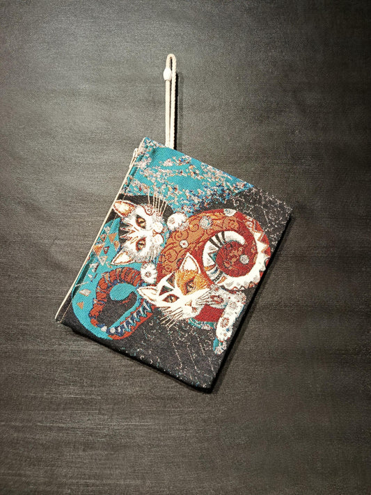 Twin Cat Tapestry Clutch: Handmade Gobelin Pouch with Rope Handle