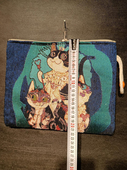 Blue Cat Tapestry Clutch: Turkish Gobelin Zip Bag with Rope Handle
