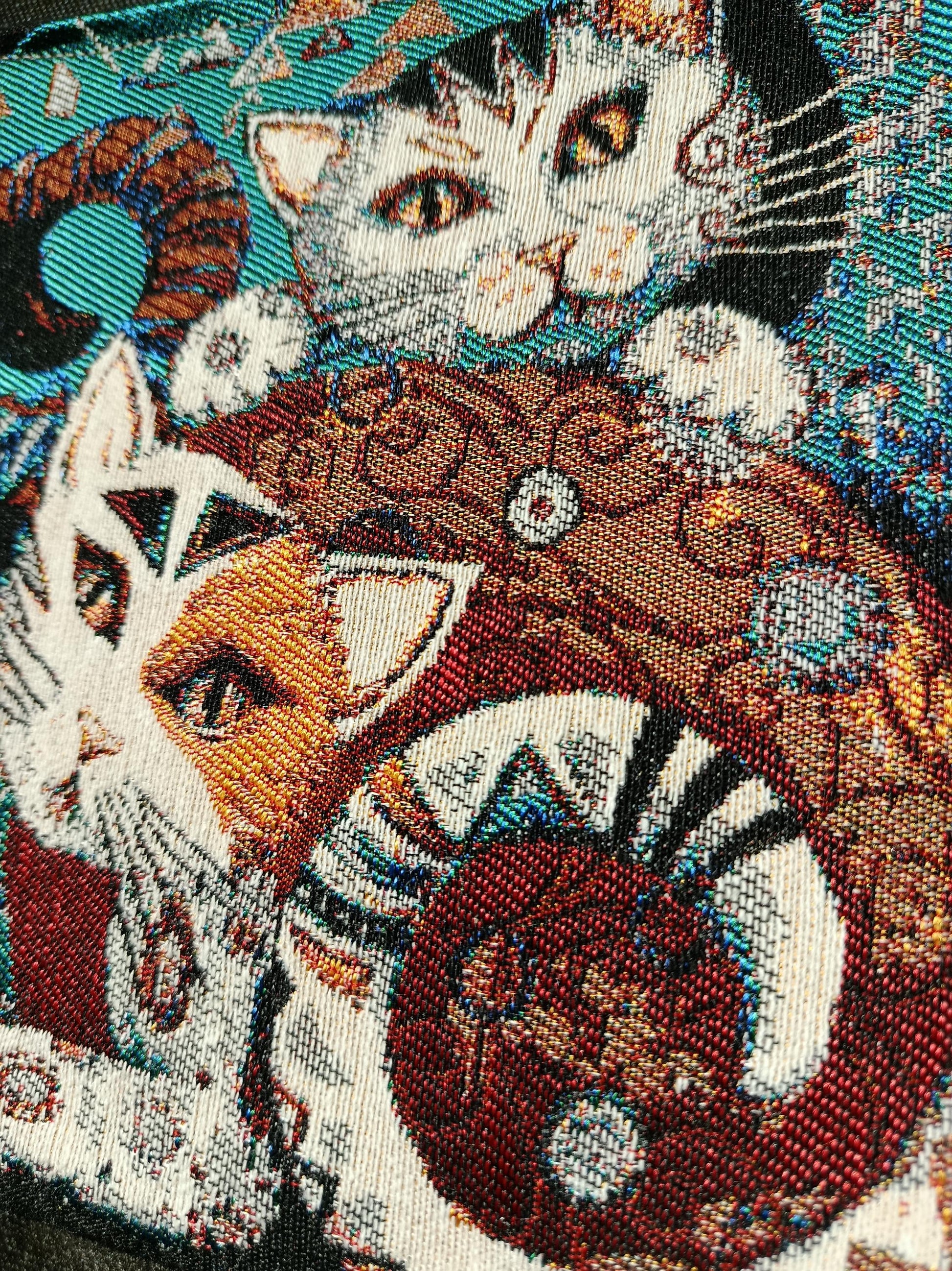 Twin Cat Tapestry Clutch: Handmade Gobelin Pouch with Rope Handle