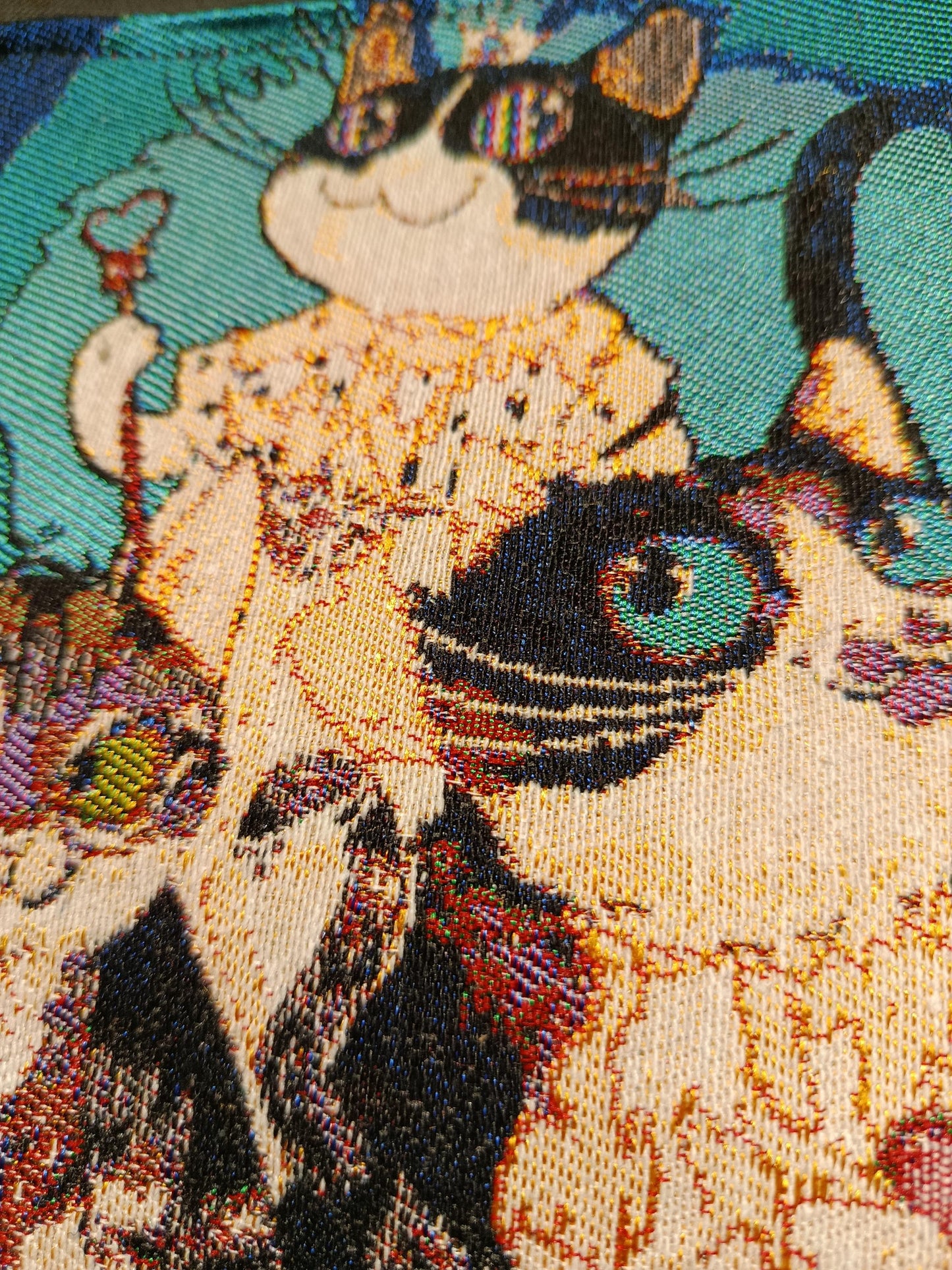 Blue Cat Tapestry Clutch: Turkish Gobelin Zip Bag with Rope Handle