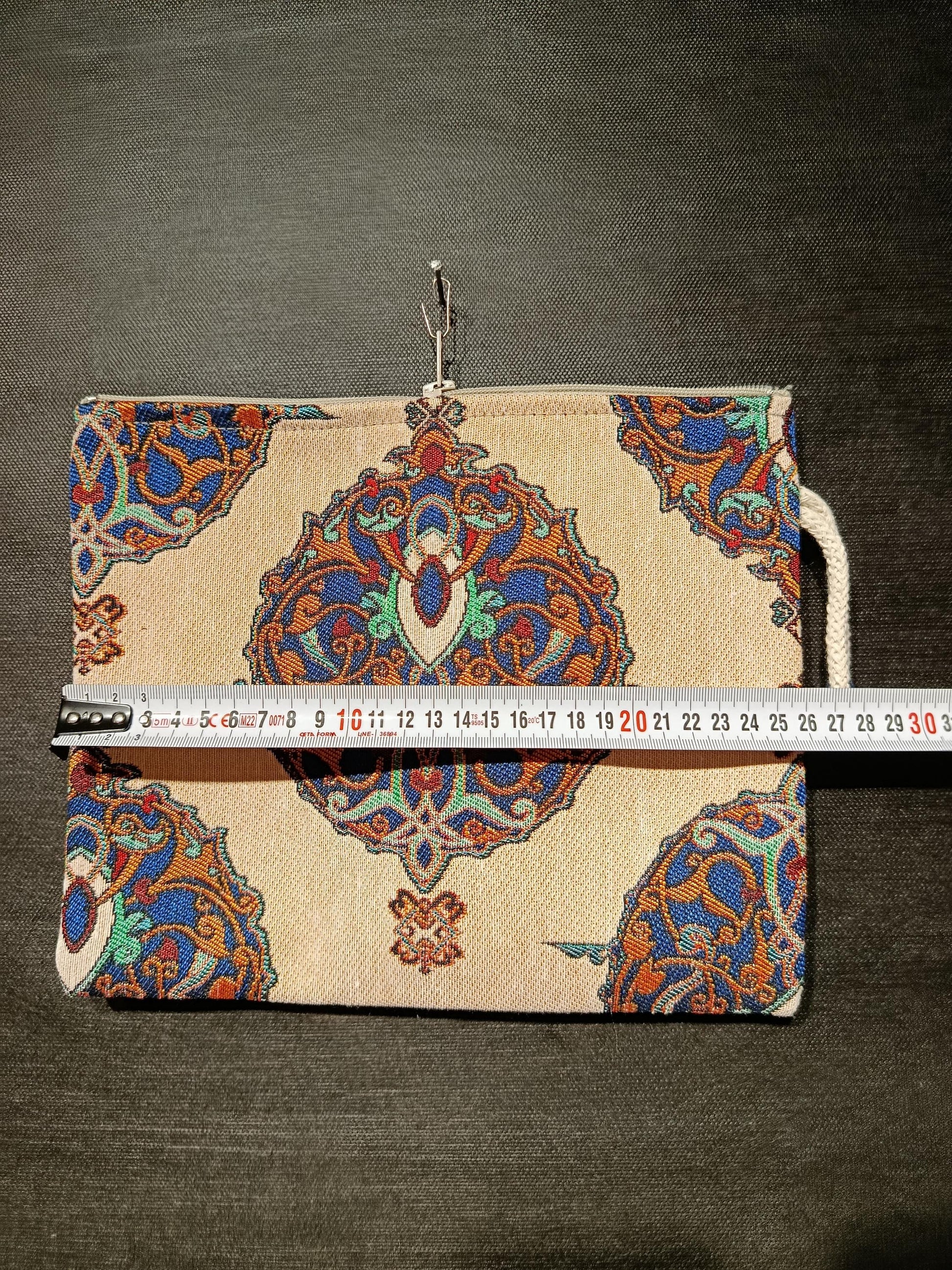 Ottoman Tapestry Clutch: Handmade Turkish Gobelin Pouch with Blue & Gold