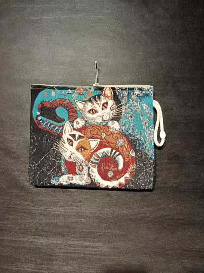 Twin Cat Tapestry Clutch: Handmade Gobelin Pouch with Rope Handle