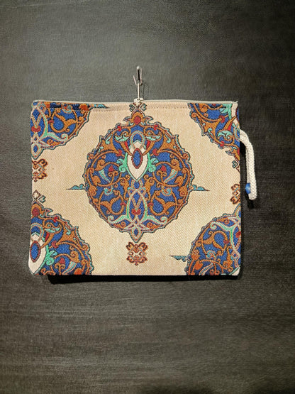 Ottoman Tapestry Clutch: Handmade Turkish Gobelin Pouch with Blue & Gold