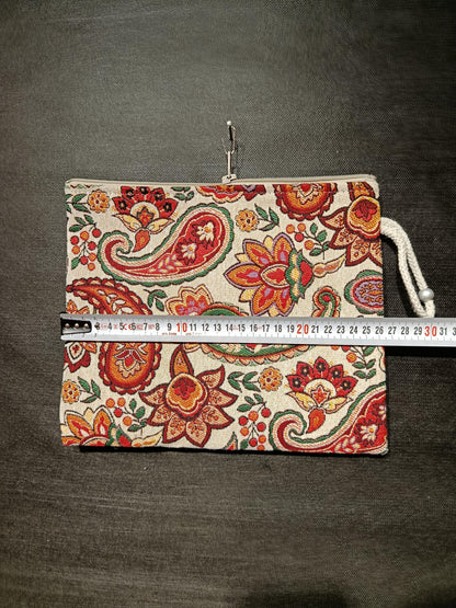 Paisley Floral Tapestry Clutch: Bohemian Zip Pouch, Handmade in Türkiye