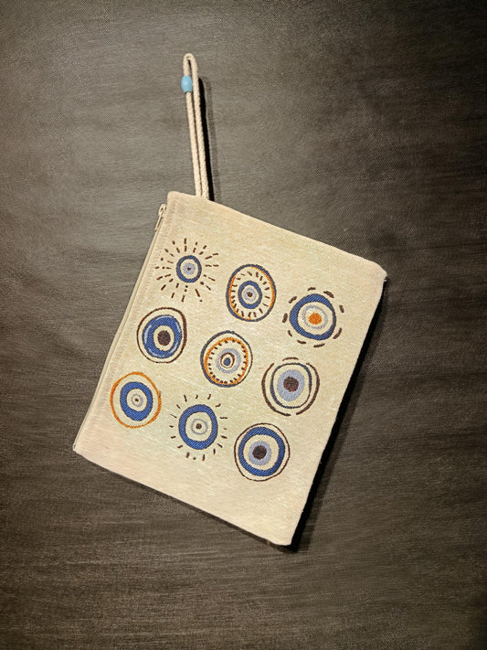 Evil Eye Tapestry Clutch: Handmade Turkish Gobelin Pouch with Rope Handle