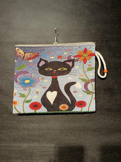 Black Cat Tapestry Clutch: Whimsical Floral Pouch Bag, Handmade in Türkiye